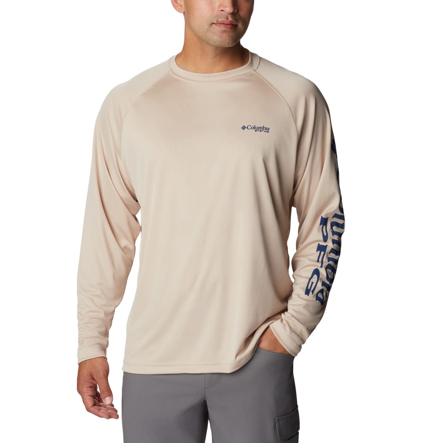 Columbia Men's Terminal Tackle Long Sleeve Shirt, Ancient Fossil/Carbon Logo, 5X Tall