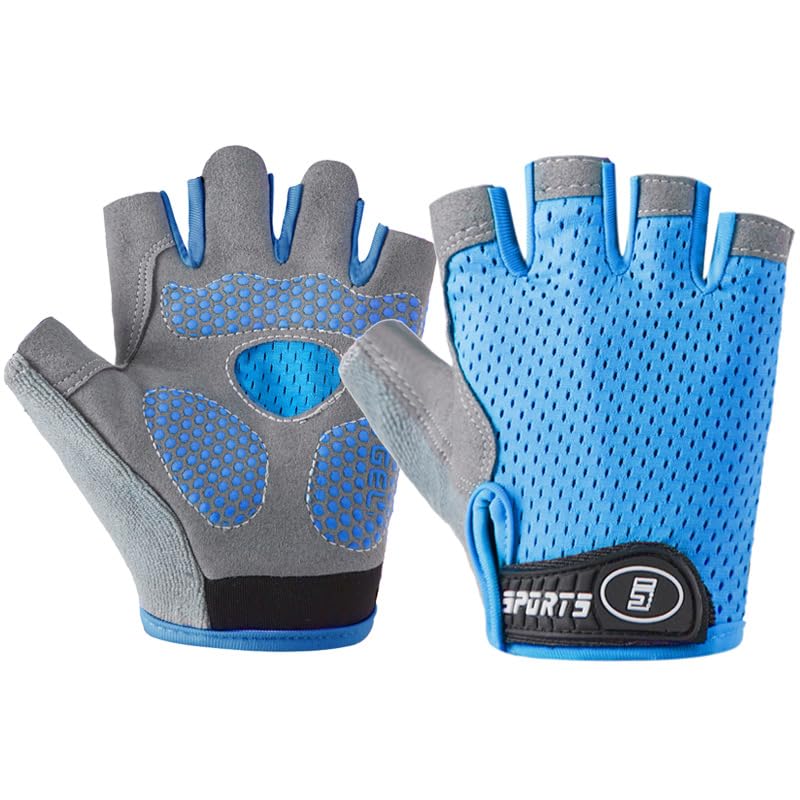 Kids Cycling Gloves - Half Finger Non-Slip Bike Gloves - Blue, Medium