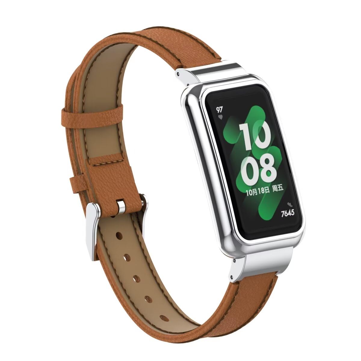 T-BLUER Bands Compatible for Huawei Band 10/9/8/7,Leather Replacement Bracelet Strap Accessories with Metal Frame for Huawei Band 7/8/9/10 Brown