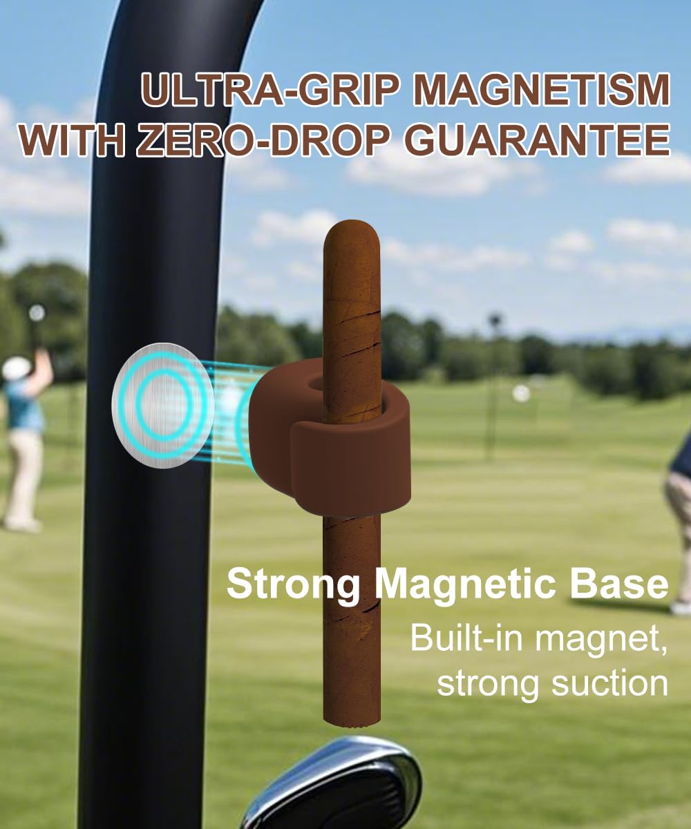 Magnetic Stogie Holder for Golf Cart,Universal Golf Cart Silicone Magnetic Holder Clip Mount Adjustable Fits 20 to 70 Ring Gauge Design, Attach to Metal & Stainless Steel Fits Golfing (Brown)