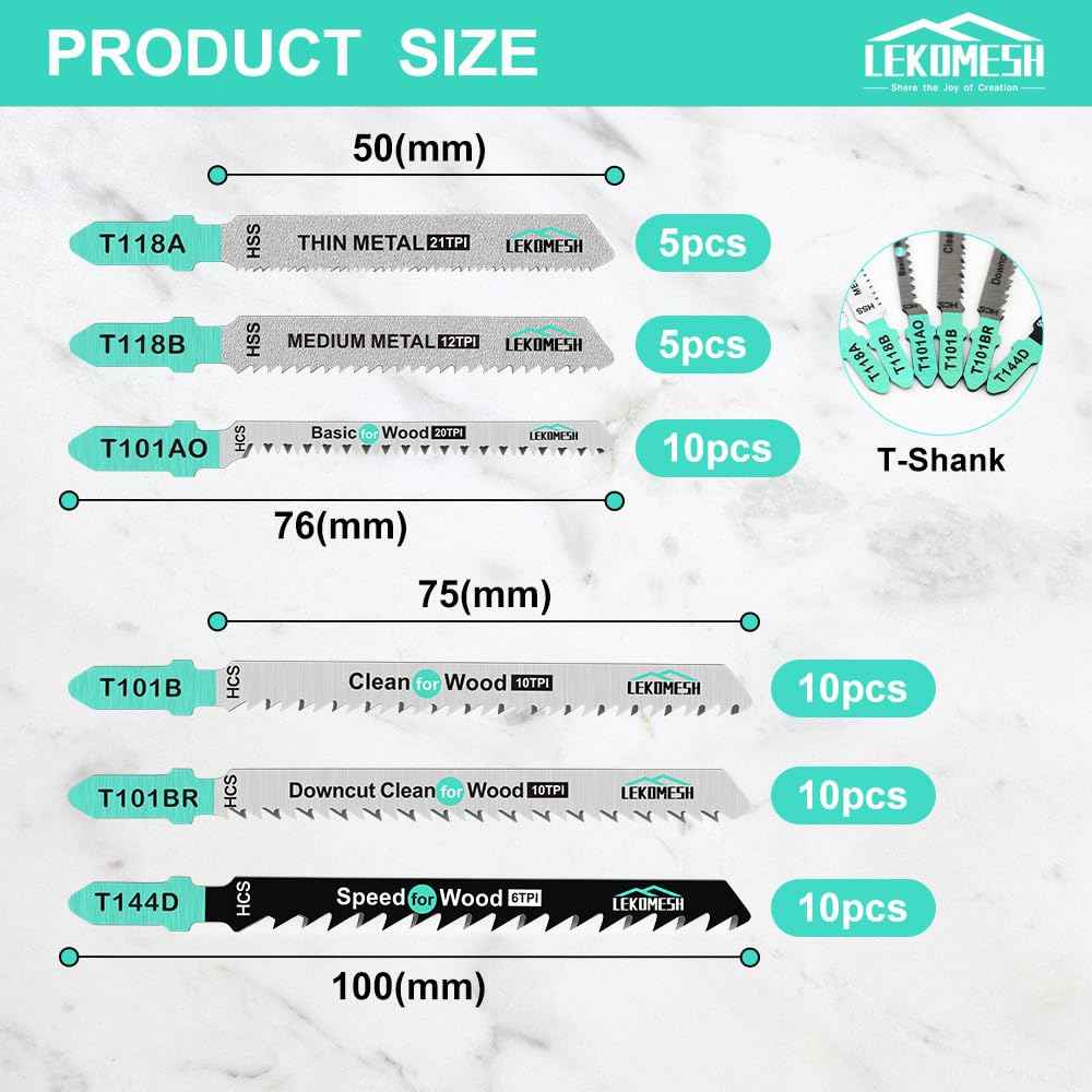 LEKOMESH 50 PCS Contractor Jigsaw Blades Set - Assorted T-Shank Jig Saw Blades for Wood, Plastic and Metal Cutting(T118A,T118B,T101AO,T101B,T101BR,T144D)