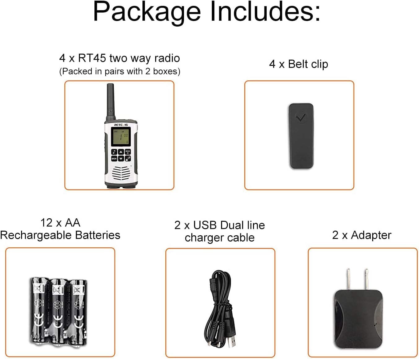 Retevis RT45 Walkie Talkies for Adults, Long Range Walkie Talkie, Rechargeable FRS Radios with Battery,NOAA Flashlight SOS, for Camping Hiking(2 Pack)