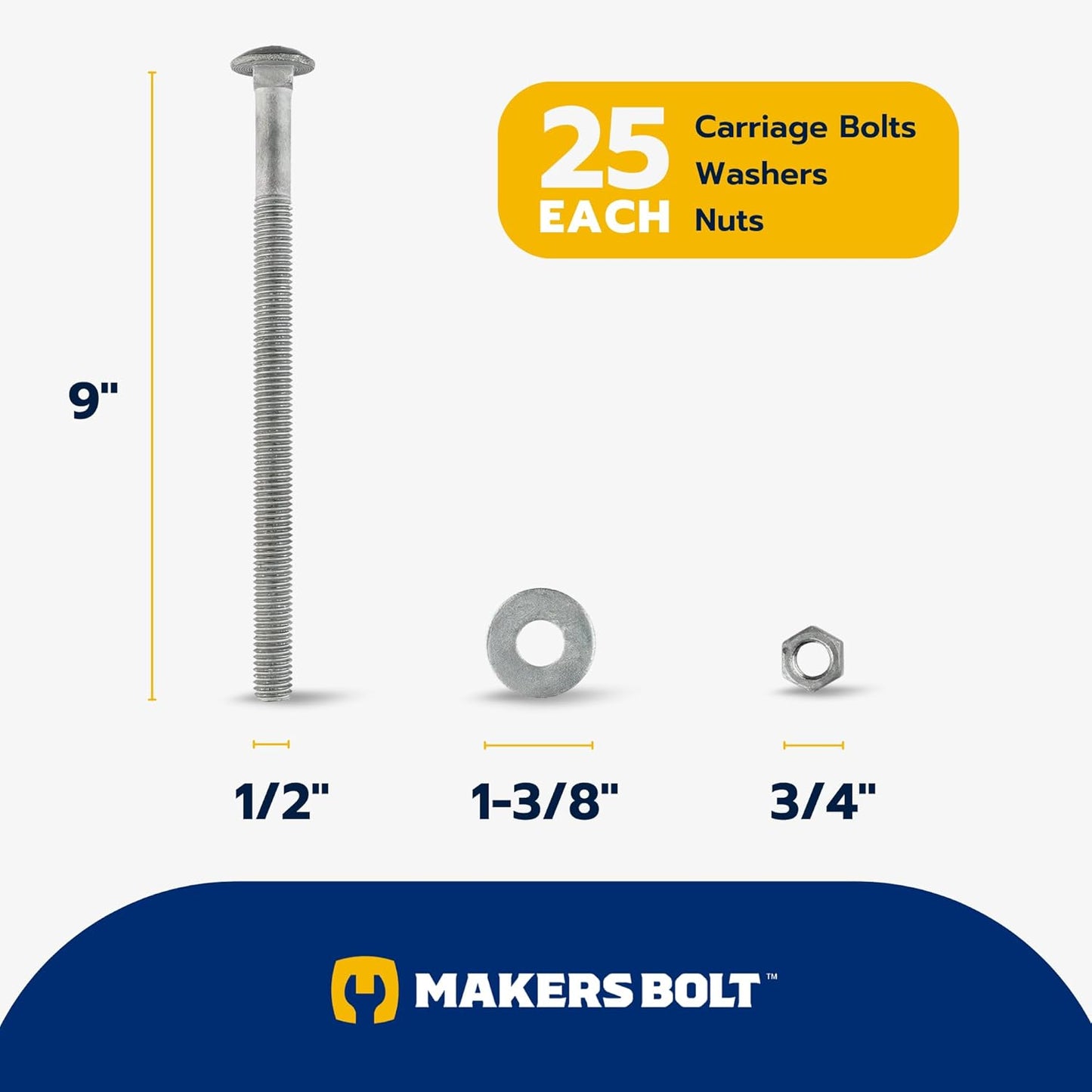 Galvanized Carriage Bolt Kit - 25 Pack 1/2" x 6" with Washers & Hex Nuts for Outdoor Use