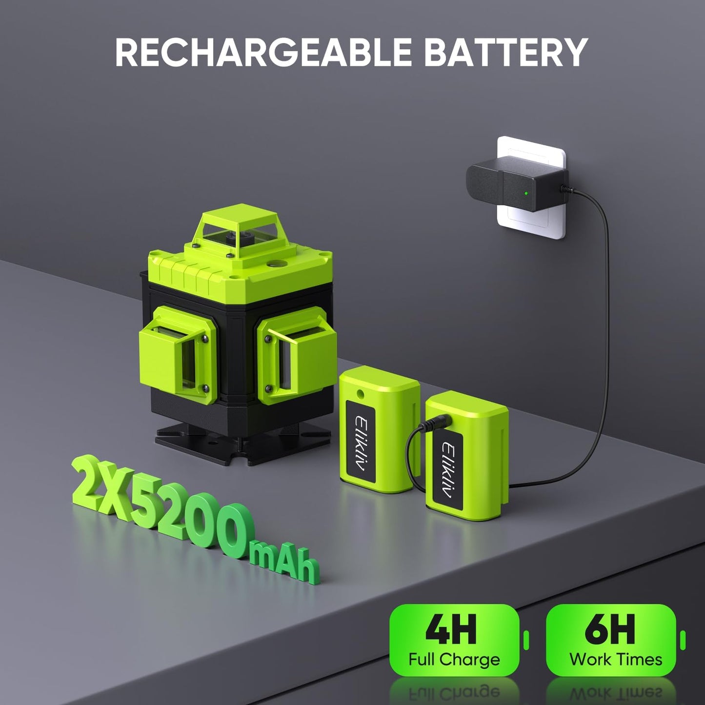 Laser Level Self Leveling - Elikliv 200ft Robust Indoors 4D Green Cross Line Laser Level 4x360 Horizontal Vertical Dual-beam Lasers for DIY or Professional Job Site Integrated Bracket Included