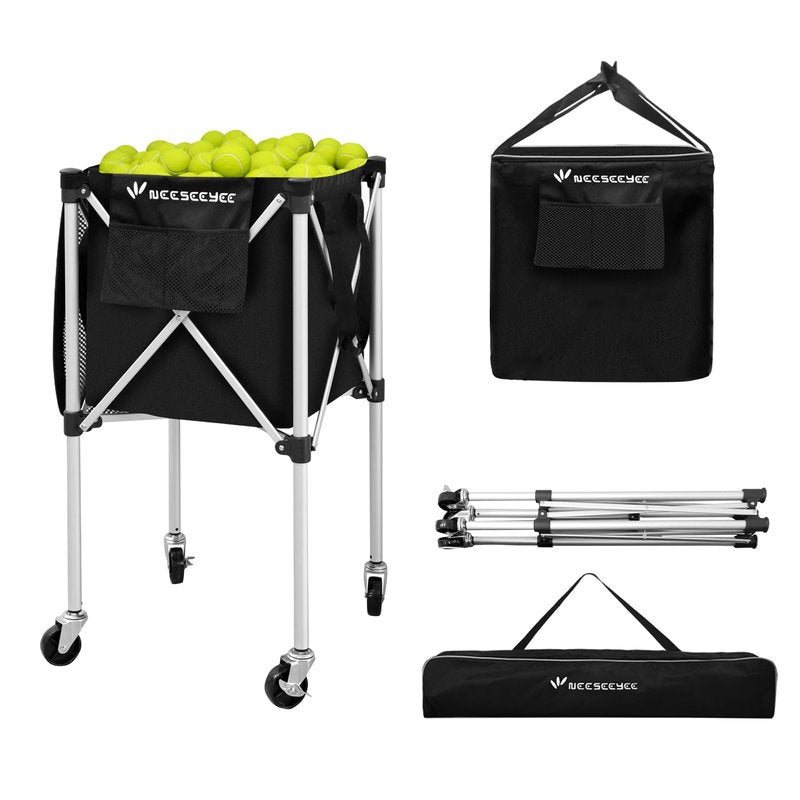NEESEEYEE Sturdy Pickleball Tennis Ball Hopper - Foldable Lightweight Tennis Cart Holds 240 Tennis/180 Pickleballs with Removable Bag, Wheels, Side Pocket for Training/Teaching