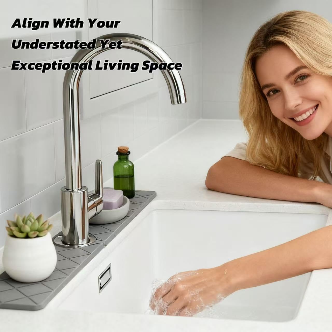 Stone Faucet Mat for Kitchen Sink & Stone Drying Tray for Bathroom, Ultra Fast Absorbing Mat Diatomaceous Earth, 2 Pieces Faucet Mat Together(23.6in * 4in) with a Rag, Stylish Home Gift(Gray)