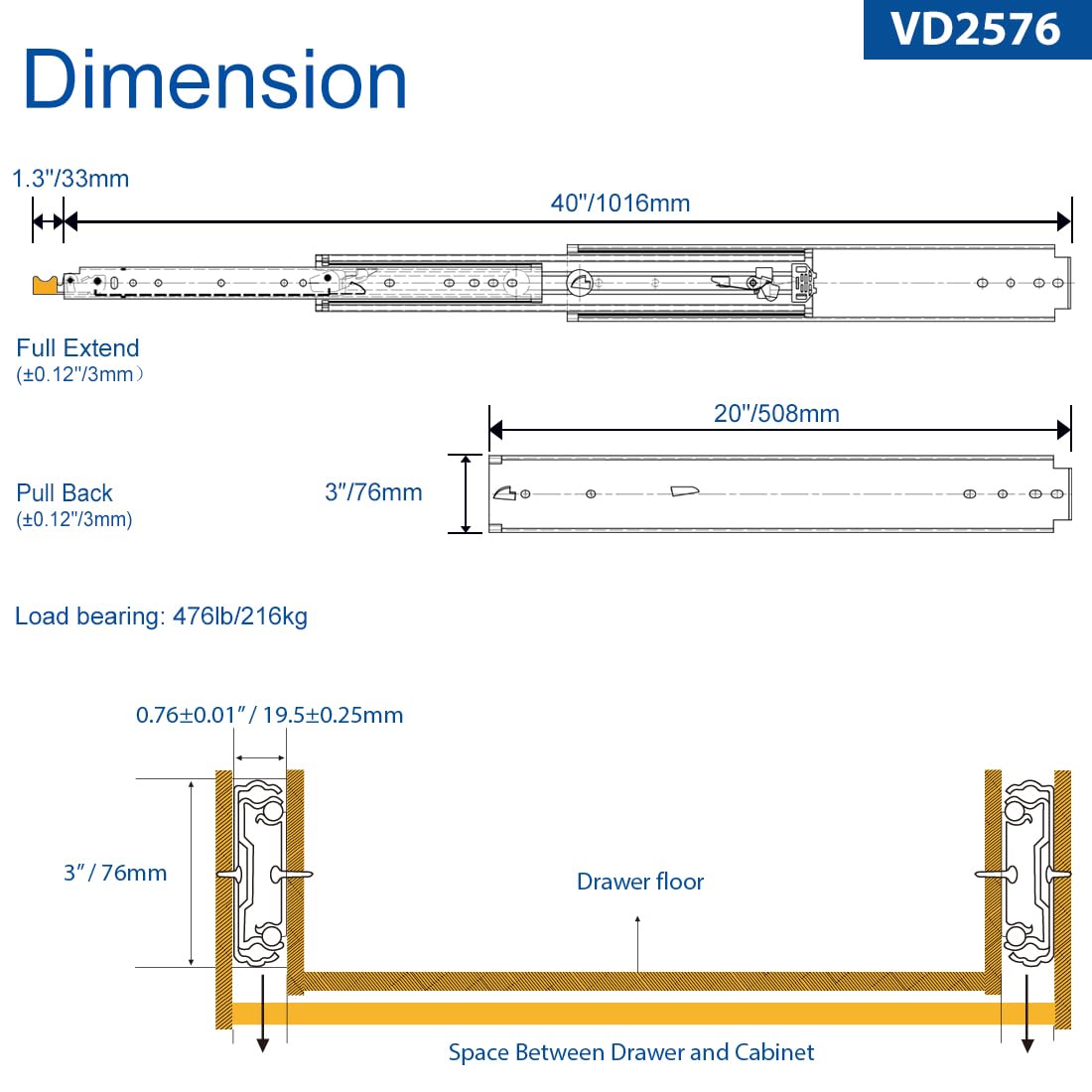 VADANIA 20" Industrial Grade Heavy Duty Drawer Slide with Lock #VD2576, 3" Widening Up to 476lb Load Capacity, 3-Fold Full Extension, Ball Bearing Lock-in & Lock-Out, Side Mount, 1-Pair