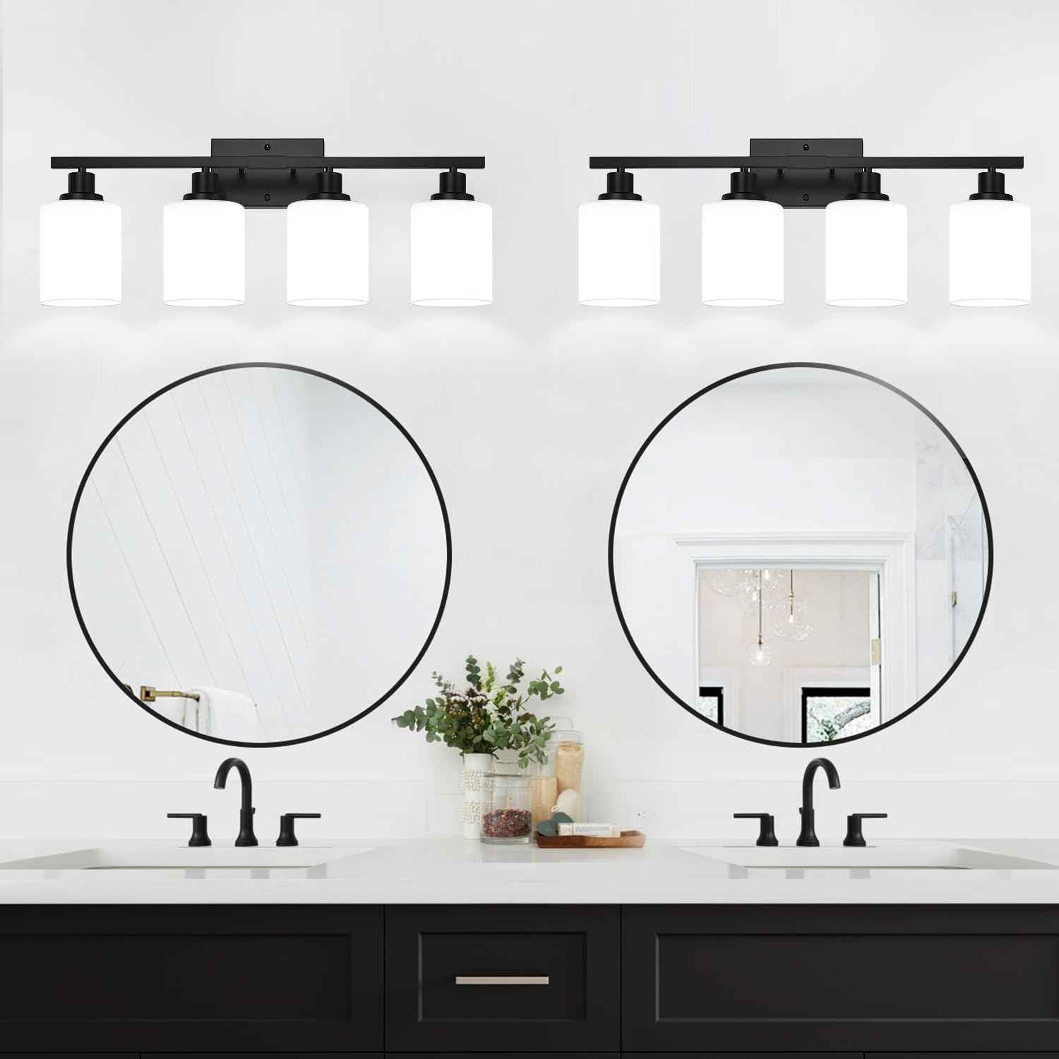 MOKATNG 4-Light Bathroom Light Fixtures, Vanity Light with Milky White Shades, Matte Black Bathroom Light Fixtures Over Mirror, Modern Bathroom Wall Lamp for Mirror Living Room Cabinet Bedroom