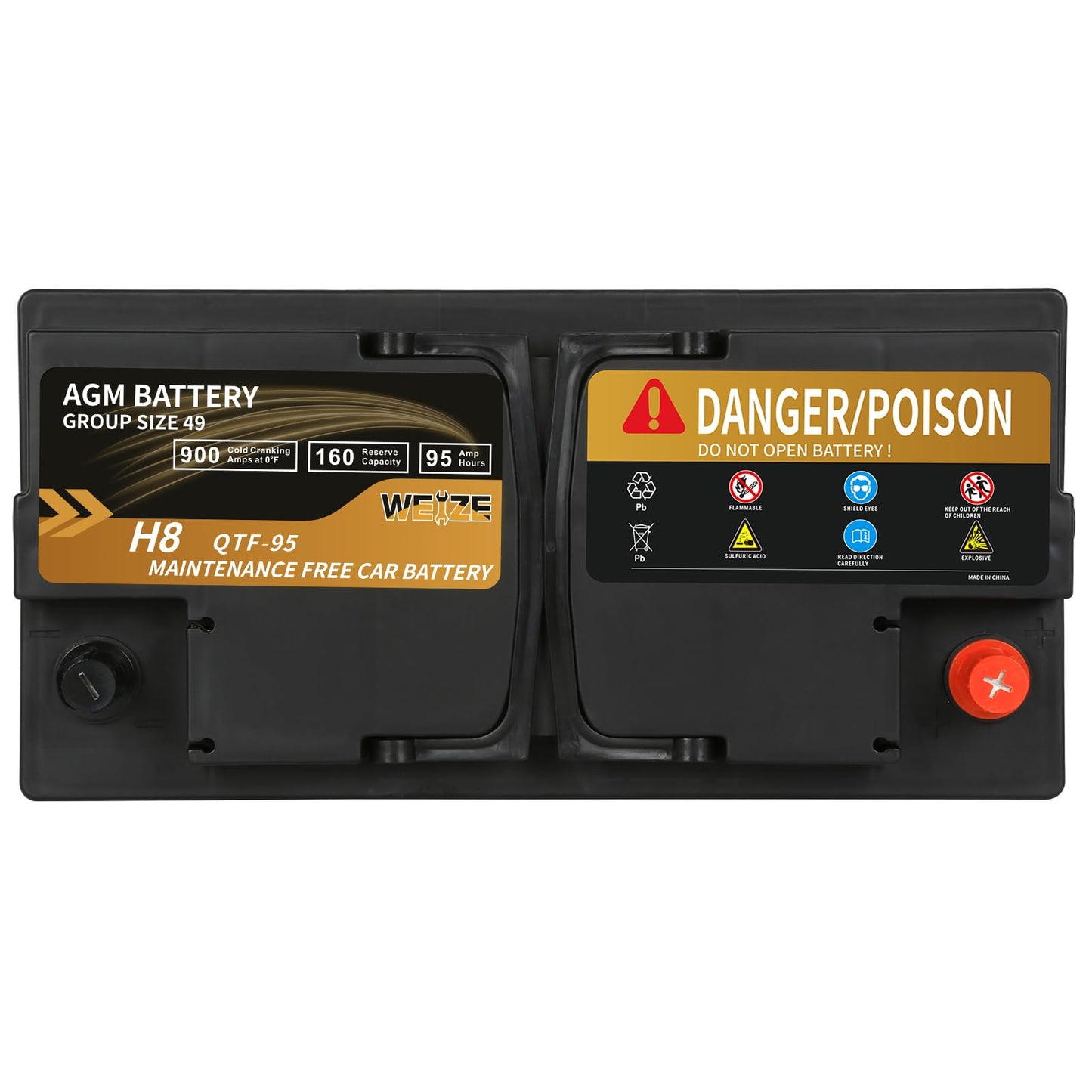 Weize Platinum AGM Battery BCI Group 49-12v 95ah H8 Size 49 Automotive Battery, 160RC, 900CCA, 36 Months Warranty, Dimensions 13.9" L x 6.89" W x 7.48" H