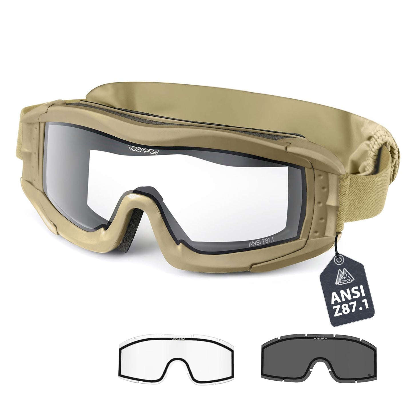 VOZAPOW Airsoft Goggles Anti Fog with ANSI Z87.1 Certified, Safety Goggles Impact Resistant, Tactical Shooting Glasses
