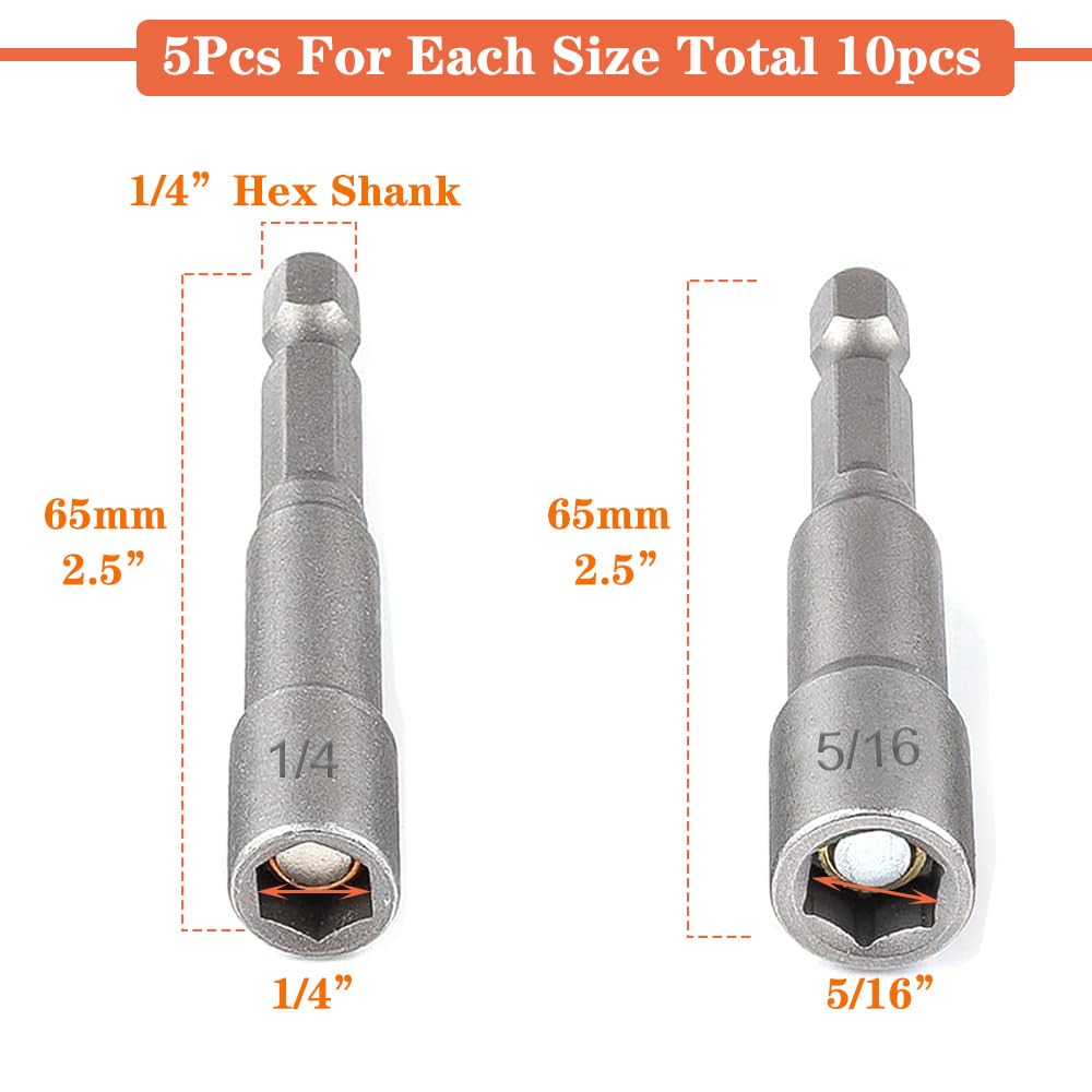 Saipe 10pcs SAE 1/4” and 5/16” Magnetic Nut Driver Bit Set, 1/4 inch Driver Power Nut Setter Drill Bits for Impact Drill, Socket Adapter Hex Nut Driver Set, 65mm Length