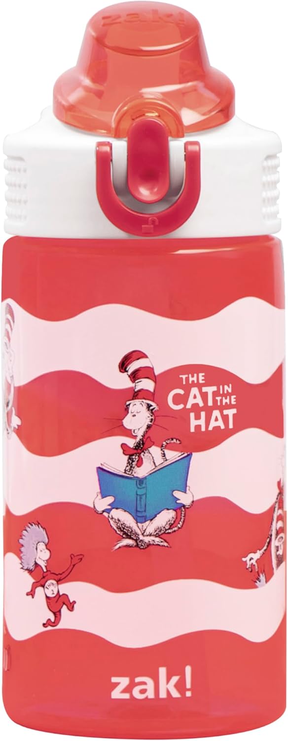 Zak Designs Dr. Seuss Kids Water Bottle - 16oz Durable Plastic, Leak-Proof With Straw & Handle | The Cat in the Hat