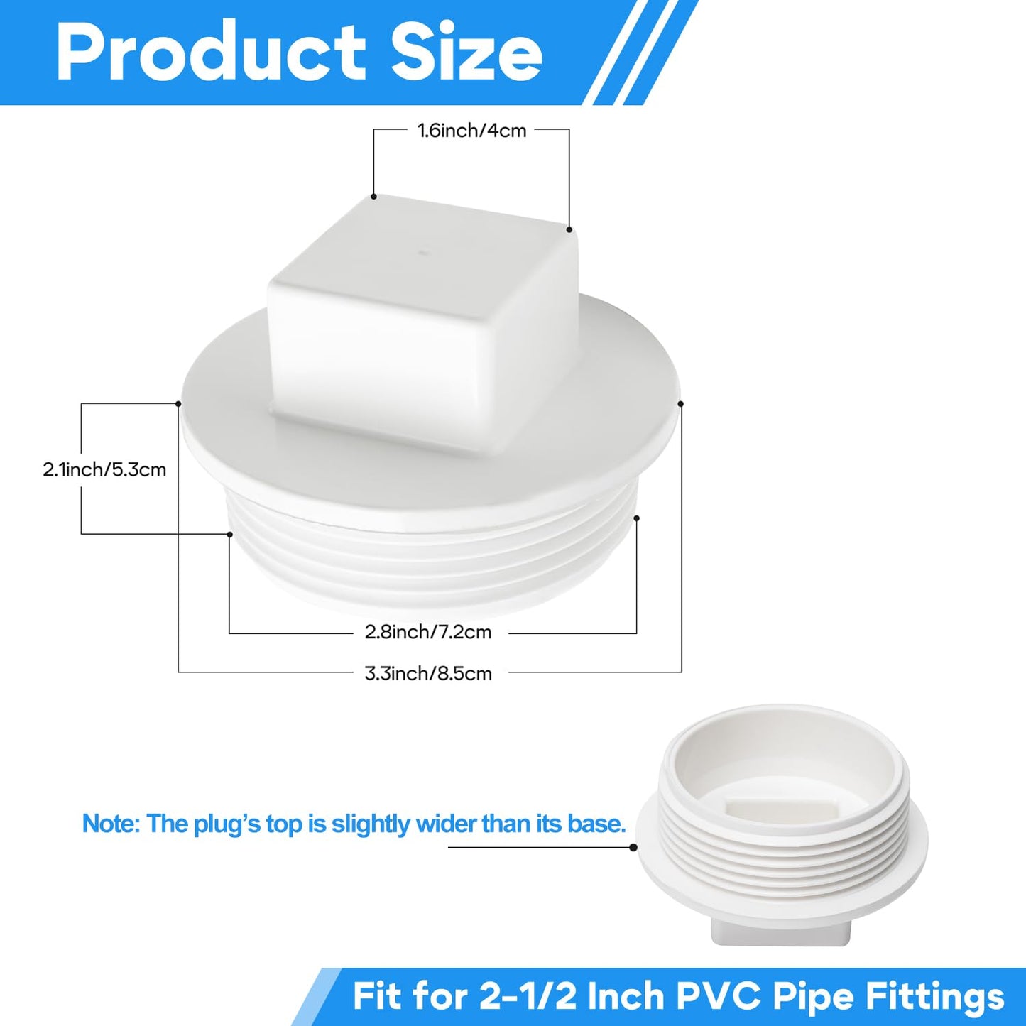 2-1/2" PVC Sewer Cleanout Plug, Fit SCH40 Standards NPT Male Threaded Flush Drain Cap for Drainage Piping Systems, Waste Water Pipe Access Cover