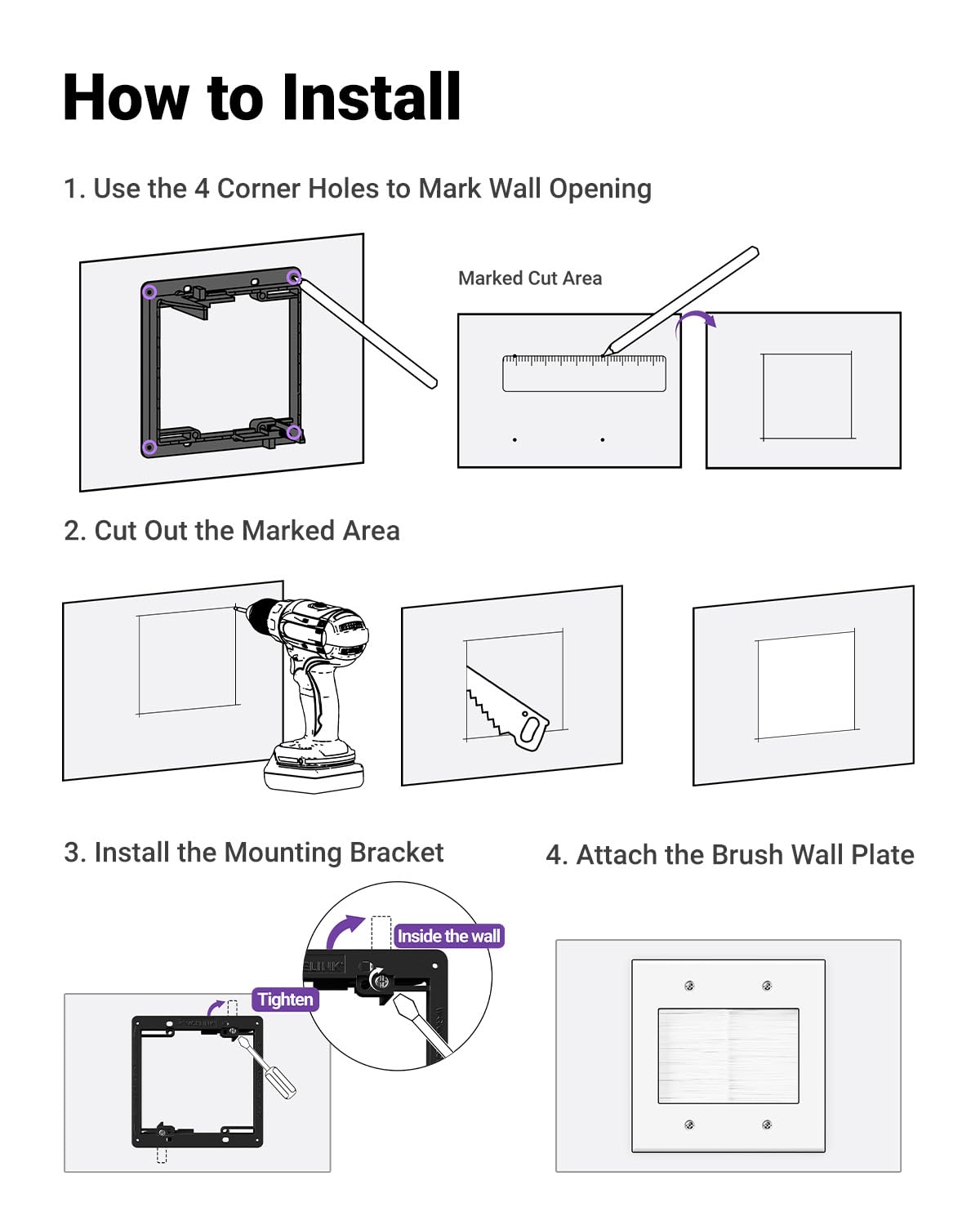 VCELINK Brush Wall Plate with Mounting Bracket, 2 Gang Pass Through Wire Hider for Cable Management, Ethernet Cables, HDMI Cables and Home Theater Systems, 2 Pair