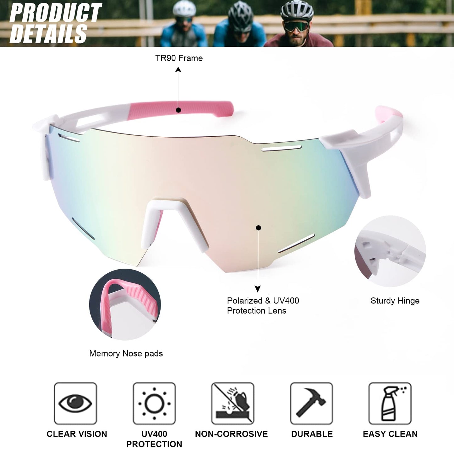 KFPH Polarized Sports Sunglasses for Women Bike Glasses Cycling Driving Fishing Mountain Bike Sunglasses UV400 Protection, White/Pink Lenses