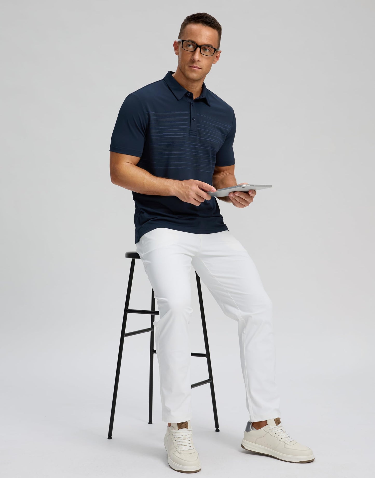 Men's Golf Shirts Dry Fit Moisture Wicking Performance Short Sleeve Collared Polo Shirts for Casual Tennis Bussiness (Navy Coloured Lines, M)