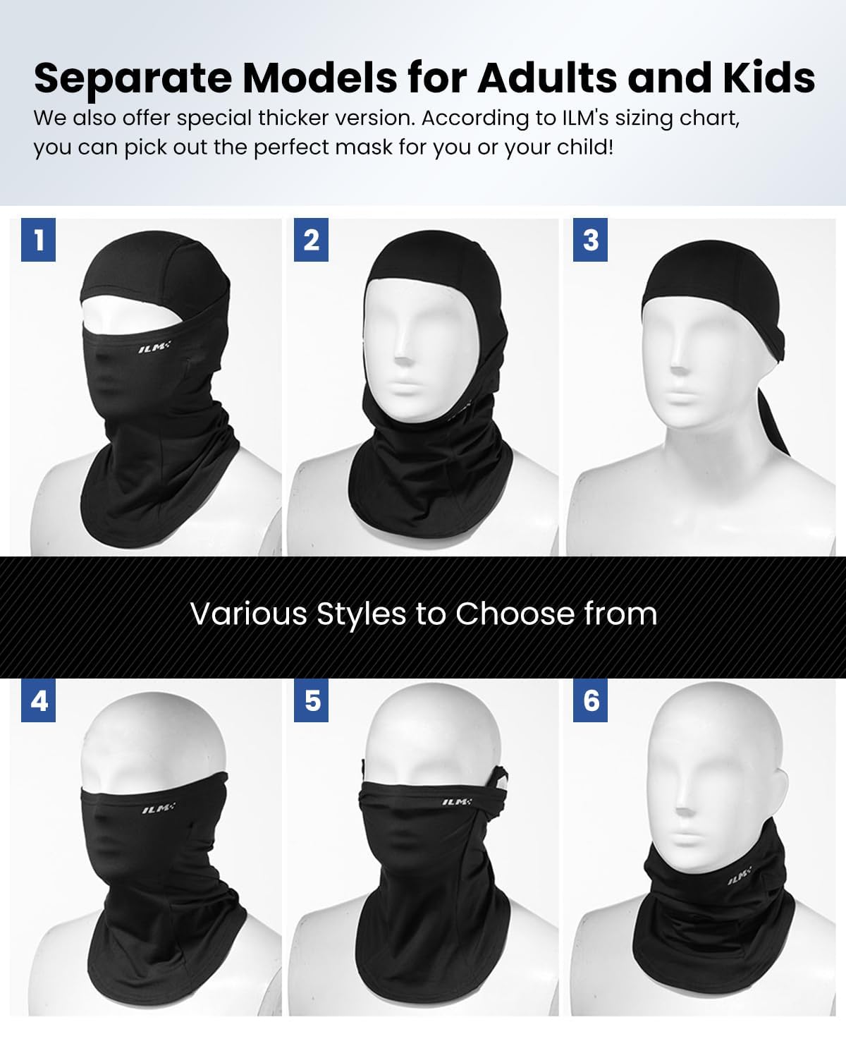 ILM Adult Motorcycle Balaclava Face Mask for Ski Model FM01A Men Women Black
