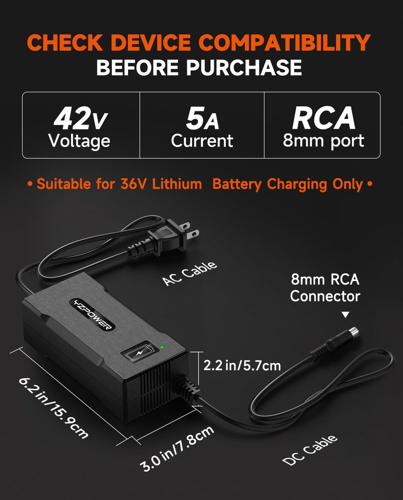 YZPOWER 42V 5A Scooter Charger for Segway Ninebot, Compatible with MAX G2 G30LP E2 Pro F65 F40 F30 D28 D40 ES2 ES4 E22 E45, Replacement Power Adapter for 36V Lithium Battery, RCA Round Charging Port