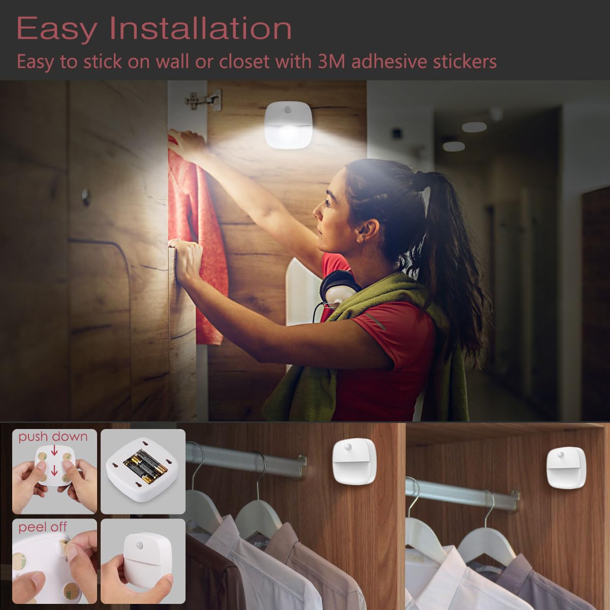 LOFICOPER Motion Sensor Light Indoor, (Upgraded) Stick on LED Night Light, Battery Operated Closet Light, Auto ON/Off Cabinet Light, for Bathroom, Bedroom, Stairs, Hallway, White, 3 Pack