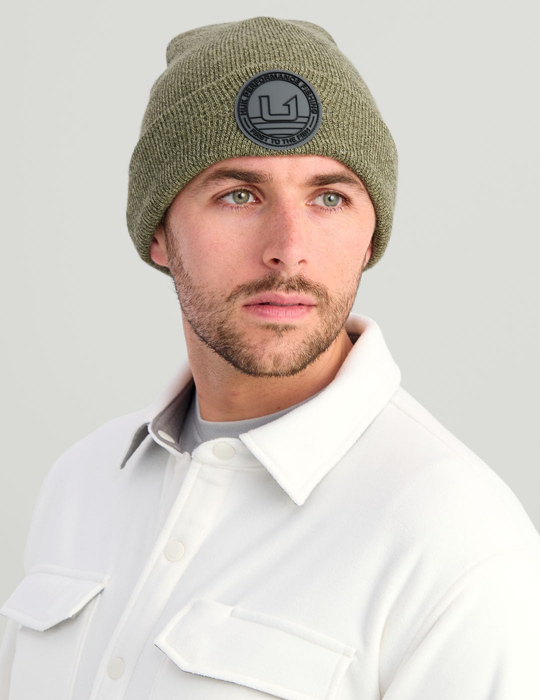 HUK Mens Embossed Beanie, Soft, Warm, and Comfortable Knit Fishing Hat for Cold Weather, Natural, One Size