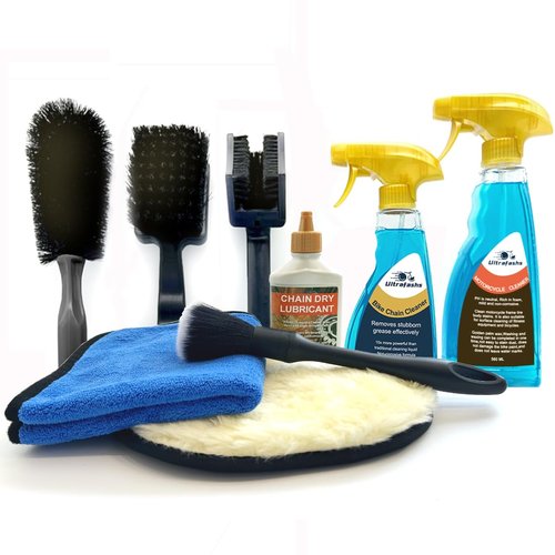 Ultrafashs Motorcycle Dirtbike Wash Kit - Premium Cleaning and Detailing Set for Mudguard,Rims and Paint.Includes Motorcycle Cleaner(560ML),Chain Clean(300ML) Dry Lubricant(120ML)