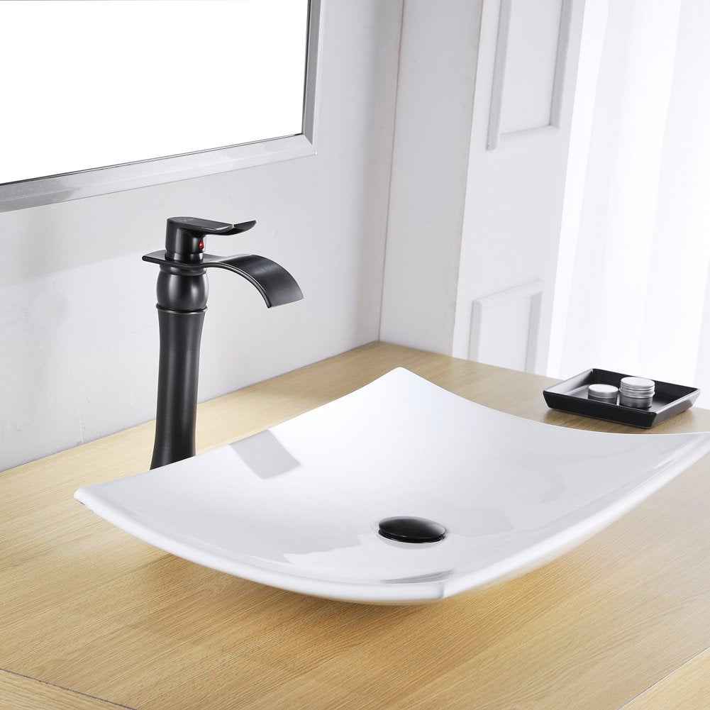 BWE Vessel Sink Faucet Oil Rubbed Bronze Farmhouse Waterfall Single Hole Bathroom Faucet with Pop Up Drain Without Overflow and Supply Line Bath Basin Single Handle Faucets Sink Lavatory Mixer Tap