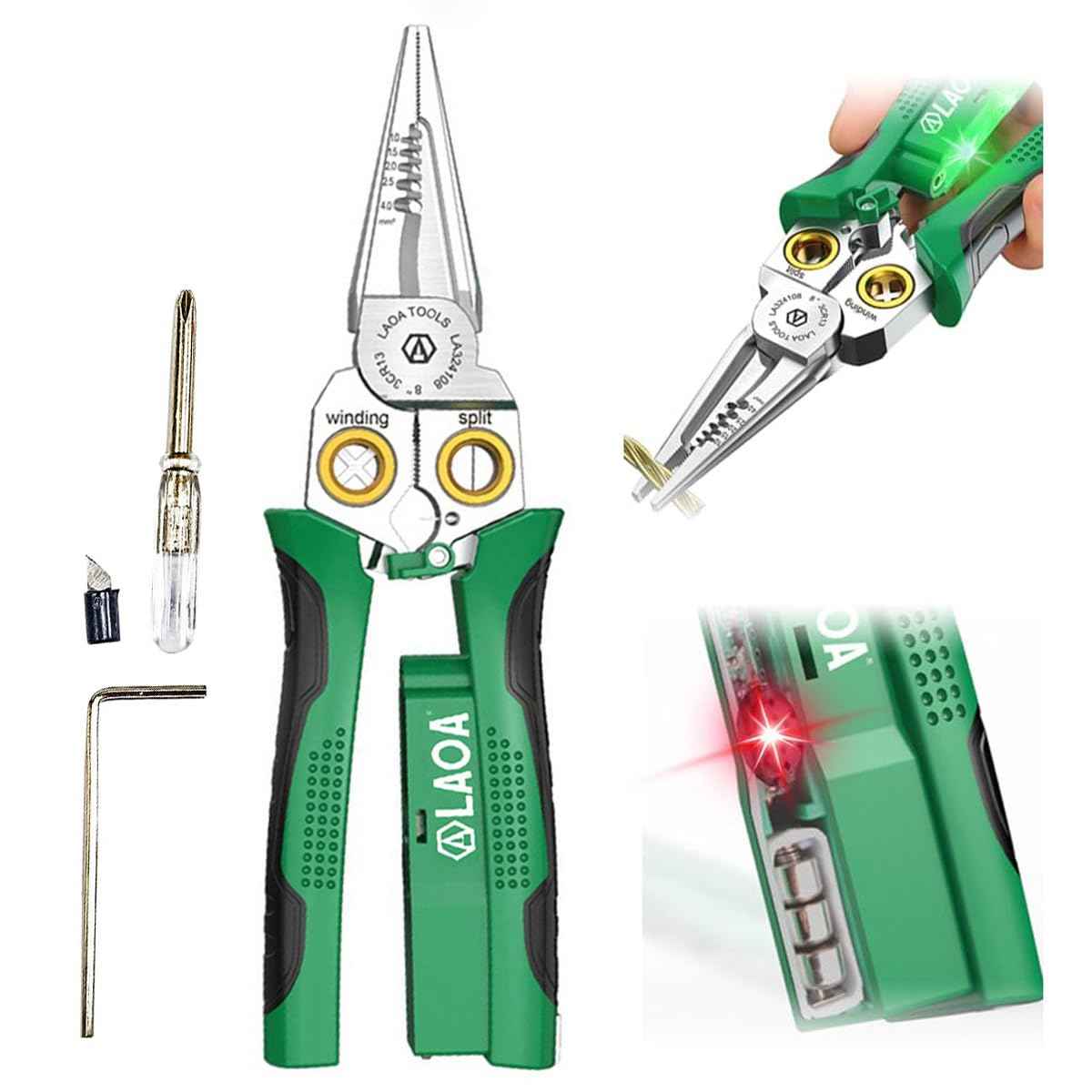 LAOA 8 in 1 Wire Stripper with Voltage Tester, Alarm & Flash Wire Crimper Stripper - Detects 12V-250V AC/DC (Non-Rectified DC) for Strip, Cut, Crimp, Split, Wrap, Slit, Pull