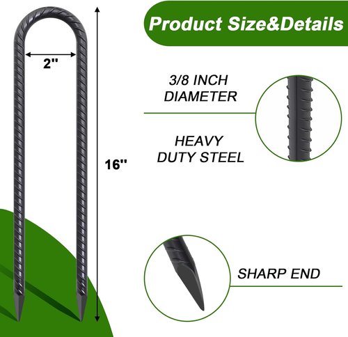 AAGUT Trampoline Stakes - 16 Inch Heavy Duty Tie Down Anchors | Black Coated U-Shaped Ground Rebar (8 Pack)