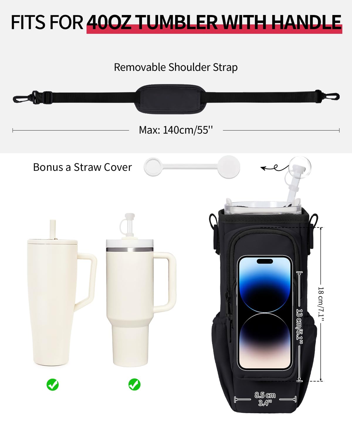 sportsnew Birthday Gifts for Women Personalized Initial Water Bottle Holder with Strap fits Most 40oz Tumbler with Handle Water Bottle Carrier Bag with Phone Pocket & Straw Topper Tumbler Accessories