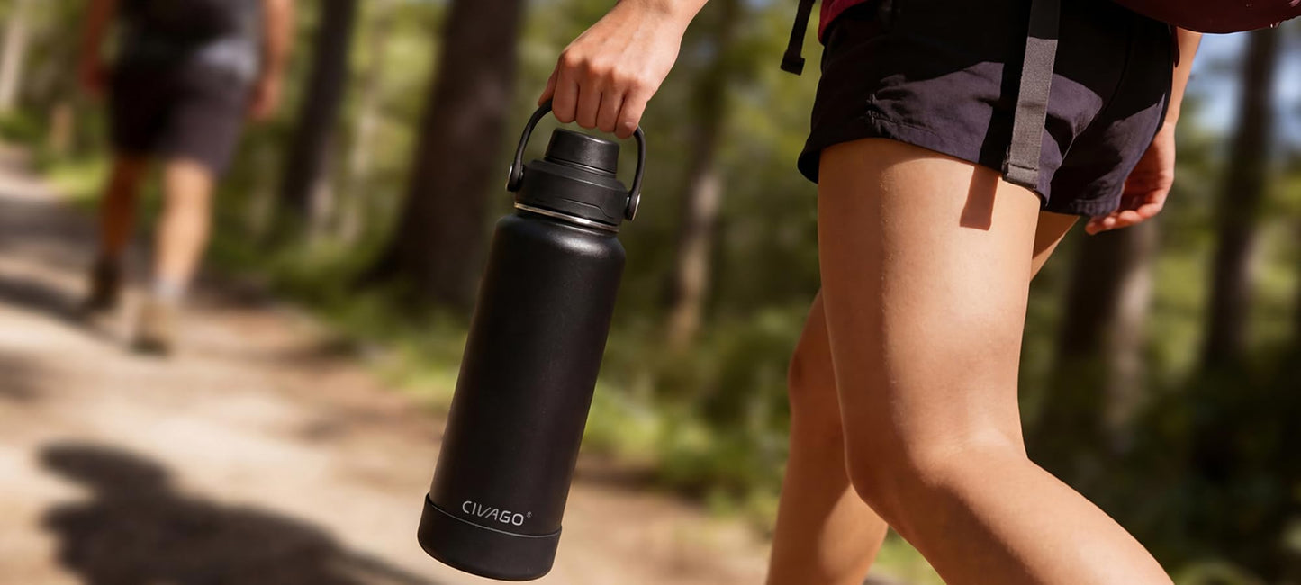 CIVAGO 64 oz Insulated Stainless Steel Water Bottle with Detachable Straw, Large Half Gallon Water Jug with Bucket Handle, Big Metal Leakproof Flask with Silicone Boot for Gym, Dishwasher Safe, Black