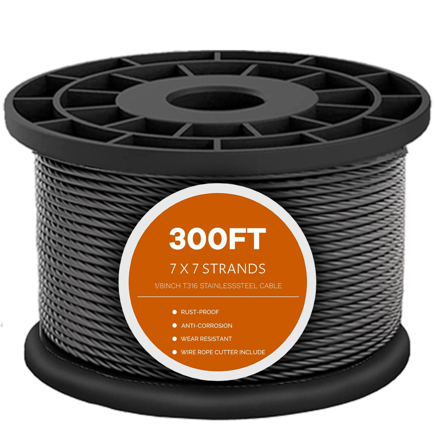300FT T316 Black Stainless Steel Cable 1/8 inch, Black Aircraft Cable for Deck Railing, 7 x 7 Strands Construction Braided Steel Cable, Black Wire Cable for Wood Posts