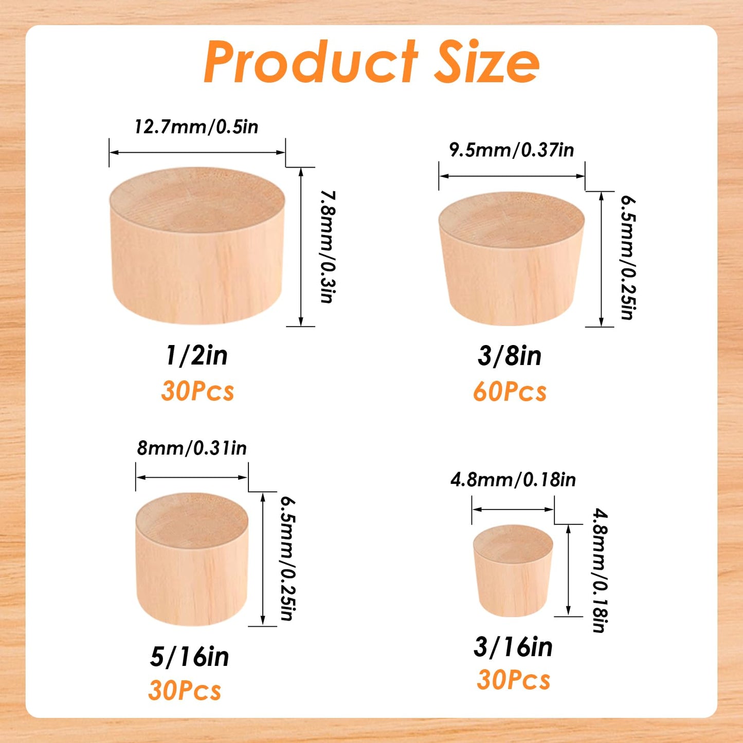 Tnisesm 150 Pieces 4 Sizes Wood Plugs 3/16 Inch, 5/16 Inch, 3/8 Inch, 1/2 Inch Wooden Hole Plugs Button Plugs Hardwood Hole Plugs for Holes in Locking Hole Tube Furniture