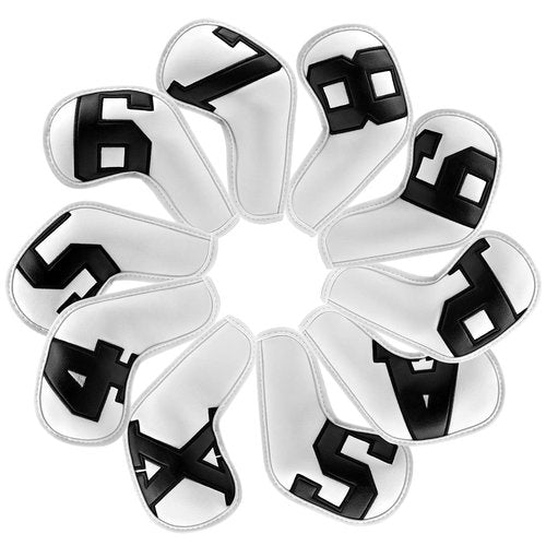 Barudan Golf Iron Club Head Covers Set Headcovers for Callaway Ping S5 - Big Colorful Number - Long Neck - Black Pu Leather fits Small Standard Oversized Golf Clubs 10pcs/Pack (White+Black Number)