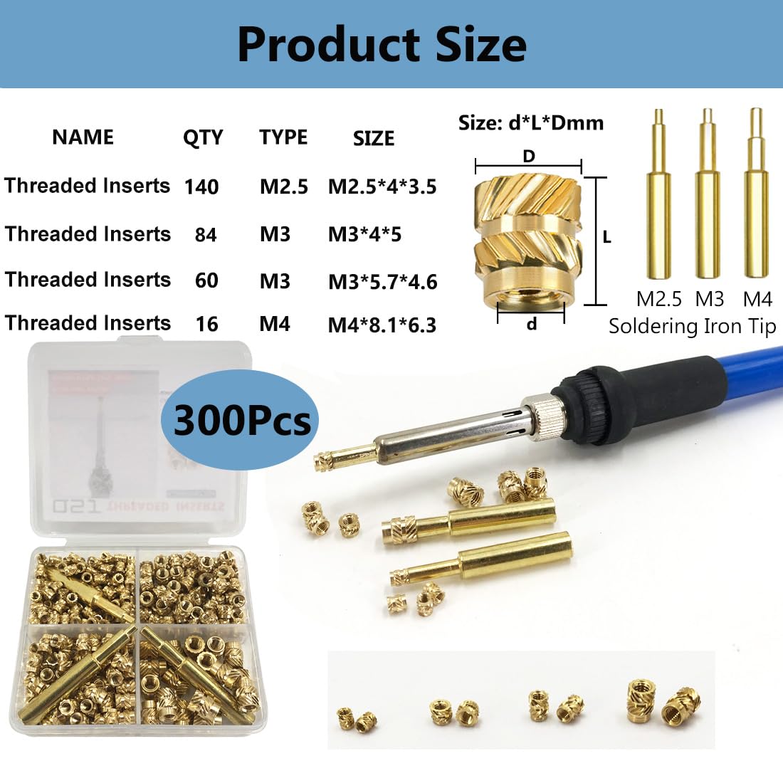 QSJ 300Pcs Threaded Inserts Set with Soldering Iron Tip Brass Heat Set Insert M2.5 M3 M4 Insert Nut for 3D Printed Plastic Materials