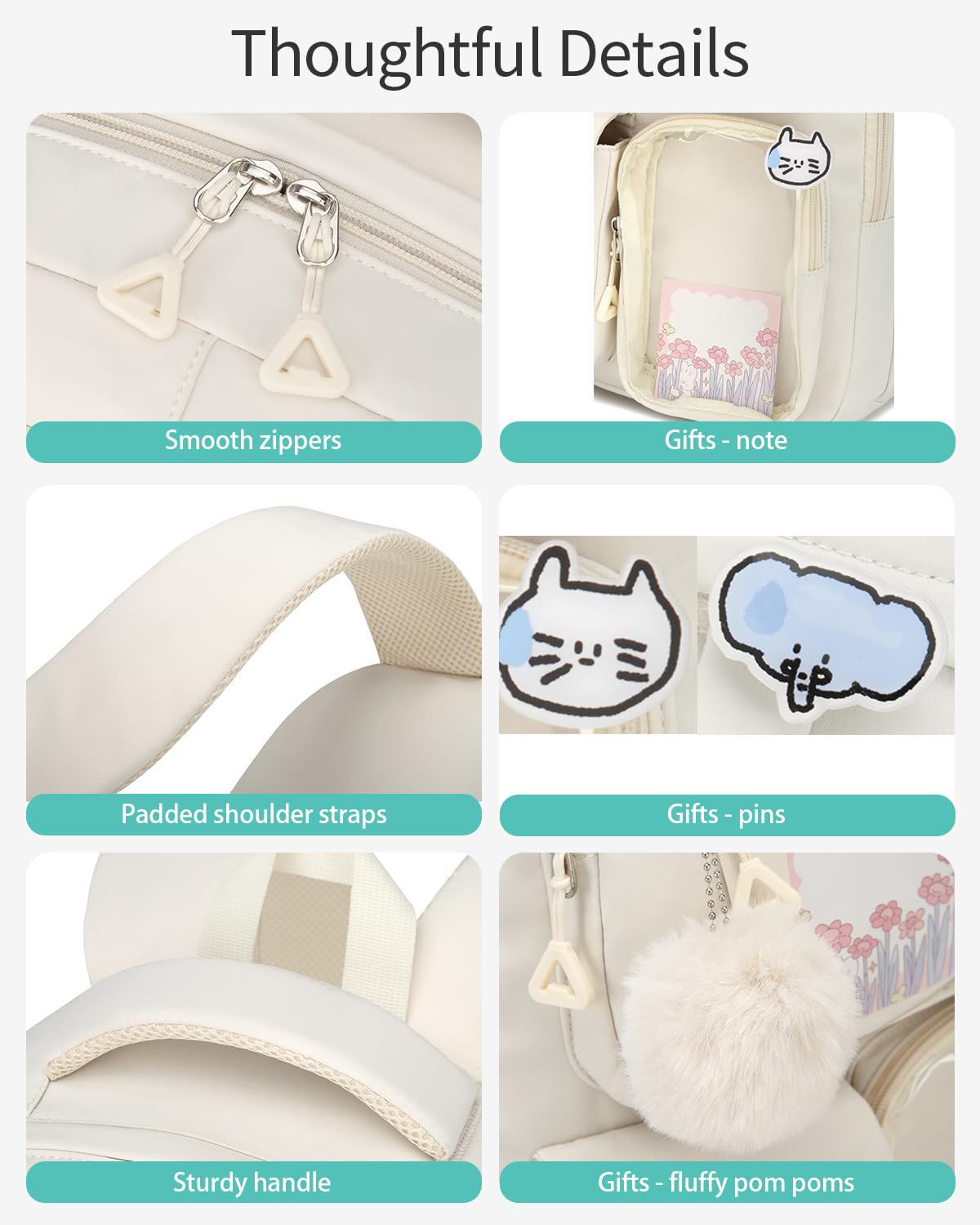 Backpack for Teen Girls, Cute Aesthetic School Backpacks with Accessories for Middle High School Students, Designer Backpack for Kids Bookbag, Beige