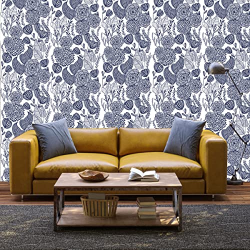 GaliGali Peel and Stick Wallpaper, Blue Floral Wall Paper, Modern Self-Adhesive Wallpaper Peel and Stick Removable Vinyl Waterproof Contact Paper for Home Decor, 17.3" x118", No.5197-3