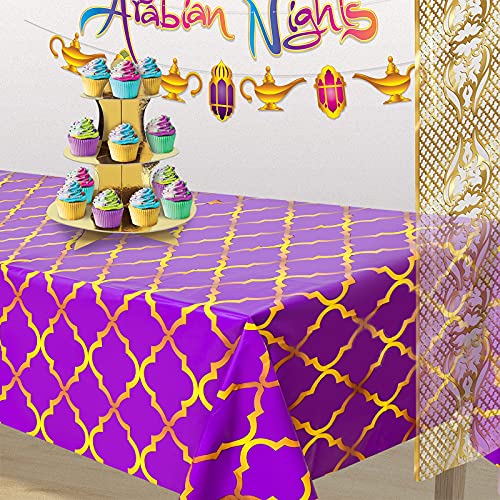 2 Pack Purple Gold Lattice Arabian Tablecloths - 87x51 Inches