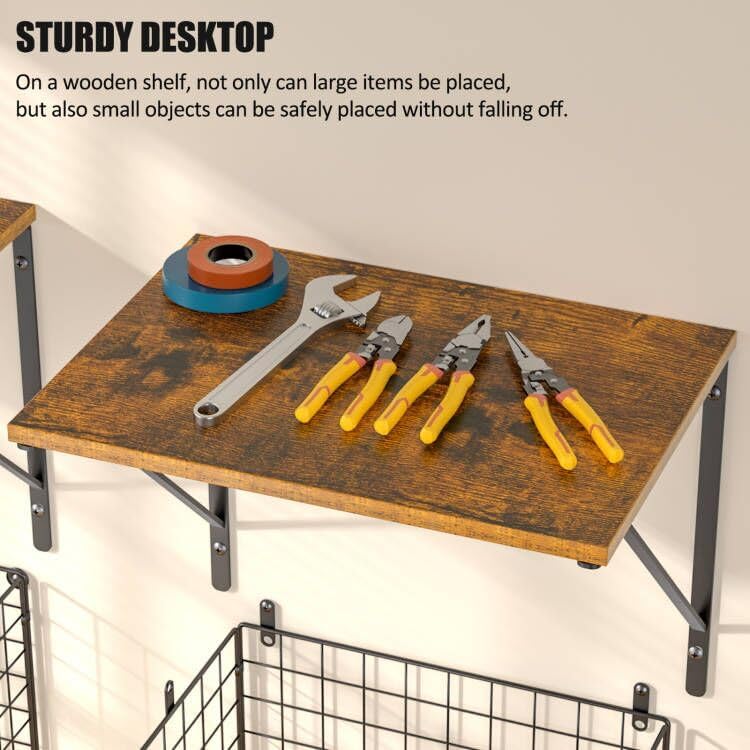 Heavy-Duty Wall-Mounted Garage Shelves with Wire Baskets & Hooks - 2 Pack Tool Organizer for Home & Garden Storage