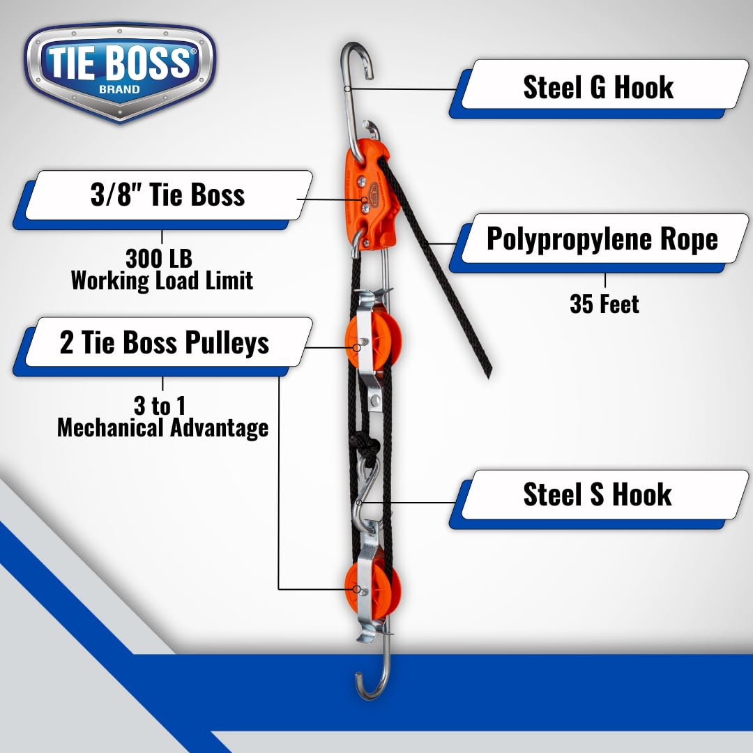 Tie Boss - Self Locking, Block and Tackle Pulley Hoist System with 35 ft of Polypropylene Solid Braided Rope. (Rated for 300lbs)