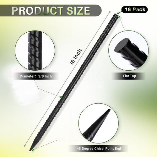 Gbekery 16 Inches Rebar Stakes(16pcs) Heavy Duty Straight Metal Ground Anchors with Chisel Point Ends for Timber,Concrete,Plant Support,Camping Tents,3/8 Inch Thickness Garden Stakes,Black
