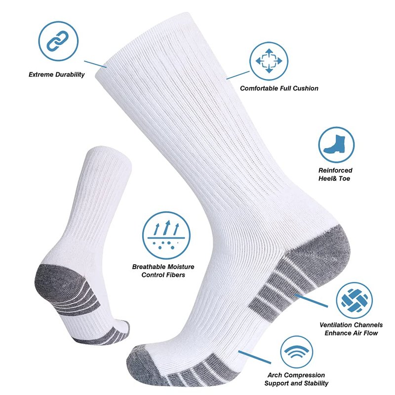 Men's Cotton Socks-Light-Cushion Moisture Wicking Crew Workwear Full Cushion Crew Socks(US 10-13,White Stripe Sole)