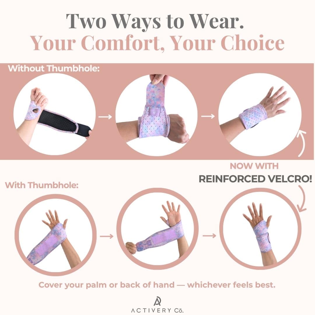 Activery Co. Carpal Tunnel Wrist Brace Left Hand, Right Hand for Women, Day or Night Compression Wrist Support Brace for Fitness, Keyboard Use, or Overnight Support, 2 Pack, Purple Tie Dye Print