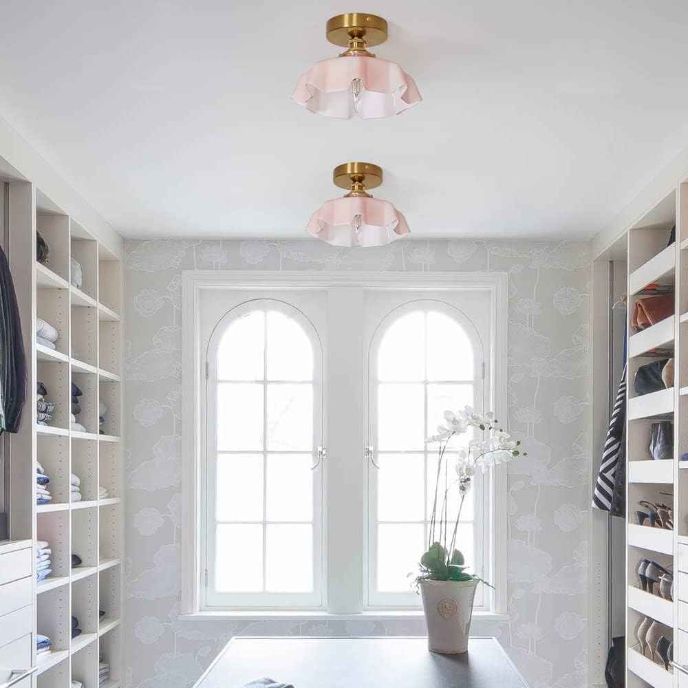 Vintage Pink Flush Mount Ceiling Light - Brass Semi-Flush Fixture with Flower Glass Shade for Small Rooms & Hallways