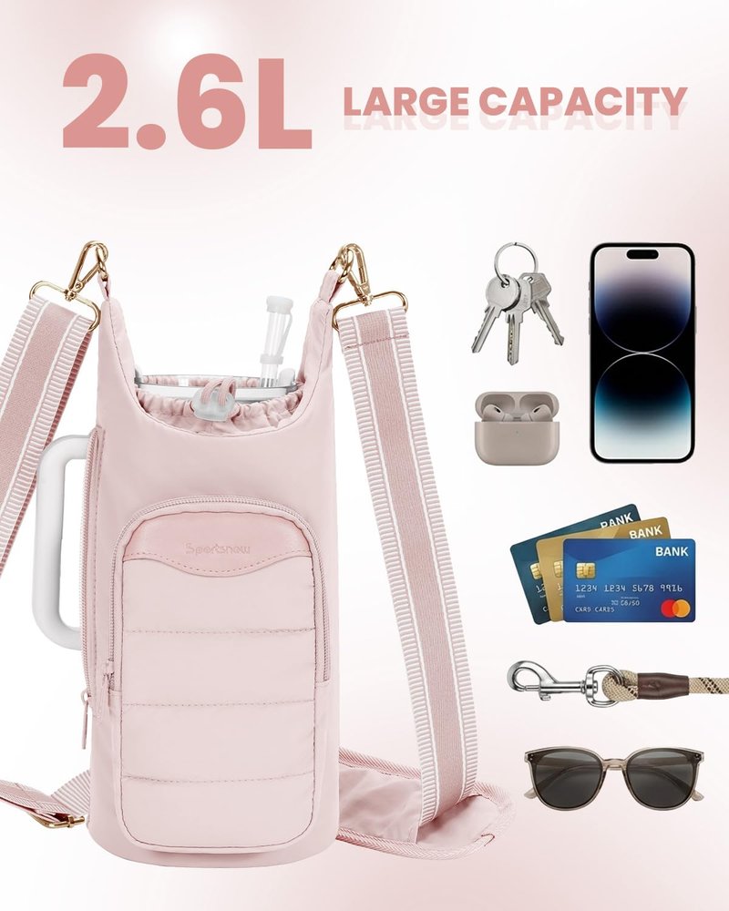 sportsnew Water Bottle Holder for 30oz/40oz Tumbler with Handle, Puffy Water Bottle Carrier Bag with Phone & RFID-Blocking Card Pocket & Drawstring Closure for Quick Access, Light Pink