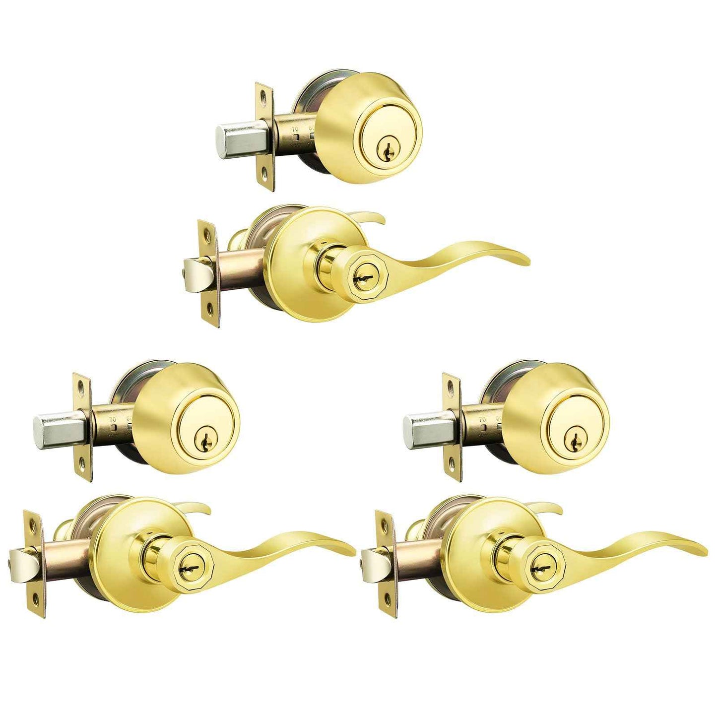 Brotima 3 Pack Keyed Alike Lever Set with Single Cylinder Deadbolt, Reversible Wave Style Polished Brass Lockset, Lever Door Handle with Key and Lock for Bedroom, Front Door