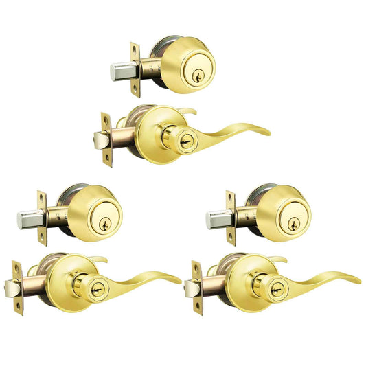 Brotima 3 Pack Keyed Alike Lever Set with Single Cylinder Deadbolt, Reversible Wave Style Polished Brass Lockset, Lever Door Handle with Key and Lock for Bedroom, Front Door