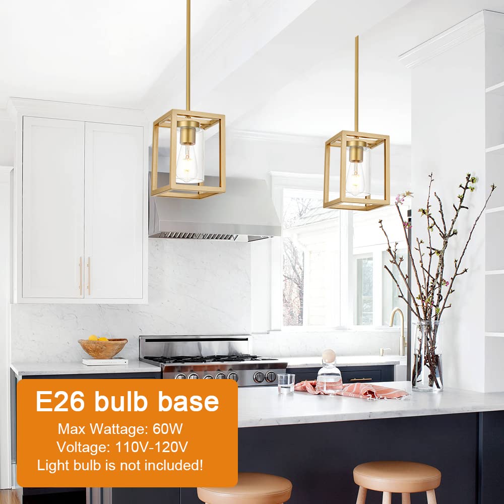 VINLUZ 1-Light Rustic Chandelier in Gold Finish Modern Industrial Pendant Lighting Fixture with Clear Glass Shade Hanging Ceiling Light for Dining Room