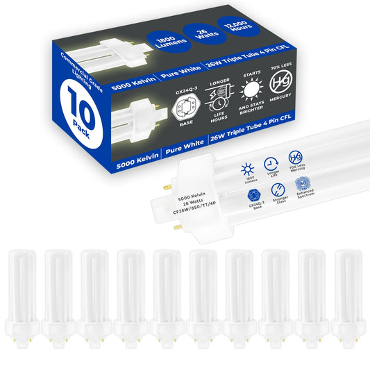 GoodBulb 26 Watt CFL Light Bulbs 4 Pin GX24Q-3 Base 5000K Daylight 26W High Output 1800 Lumens Triple Tube Compact Fluorescent Light Bulbs Plug-in 10 Pack