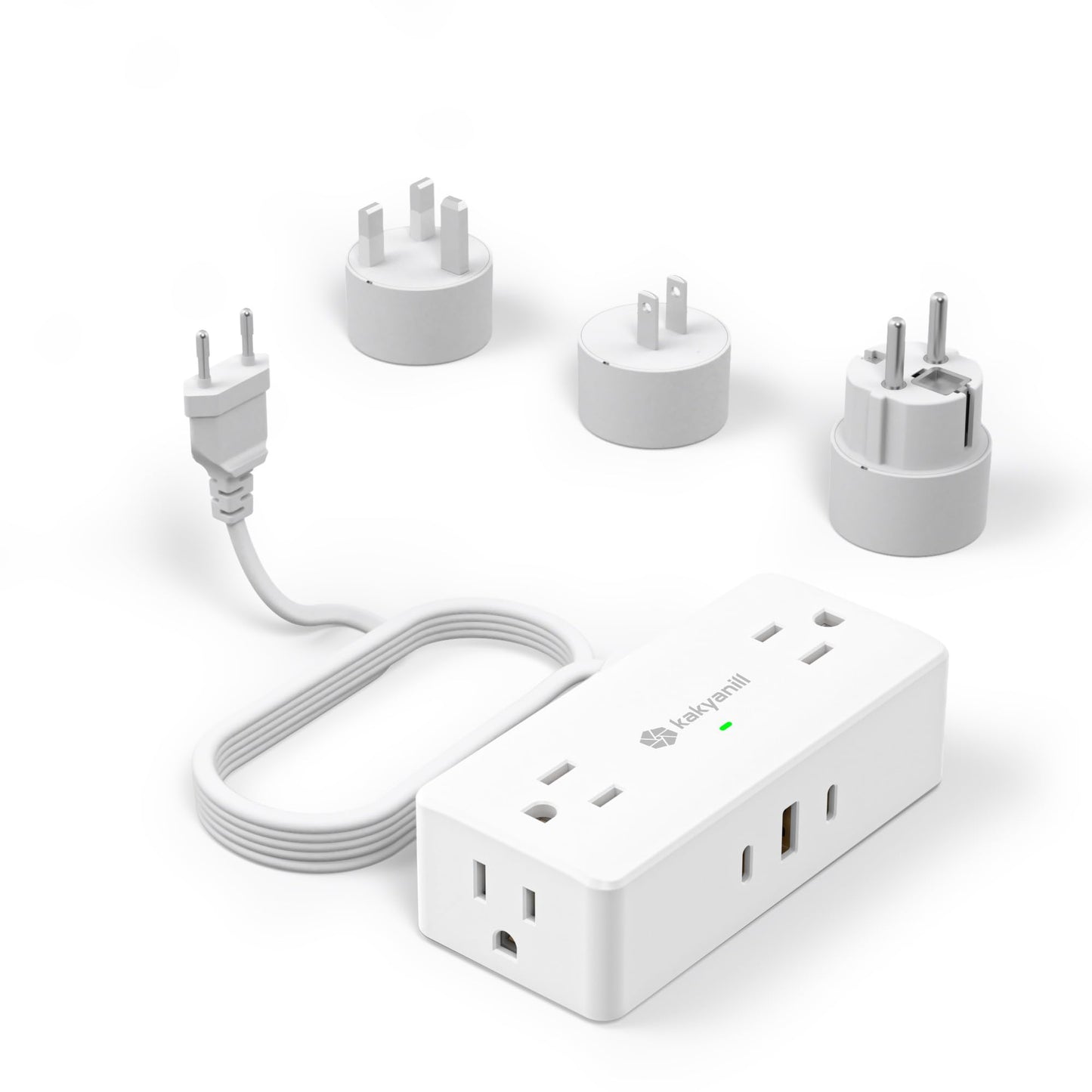 Kakyanill European Travel Plug Adapter, EU/UK/JP Plug Adapter, 4 AC Outlets, 3 USB Ports (2 USB C), 5ft Flat Extension Cord, Compact for Travel
