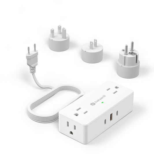 Kakyanill European Travel Plug Adapter, EU/UK/JP Plug Adapter, 4 AC Outlets, 3 USB Ports (2 USB C), 5ft Flat Extension Cord, Compact for Travel